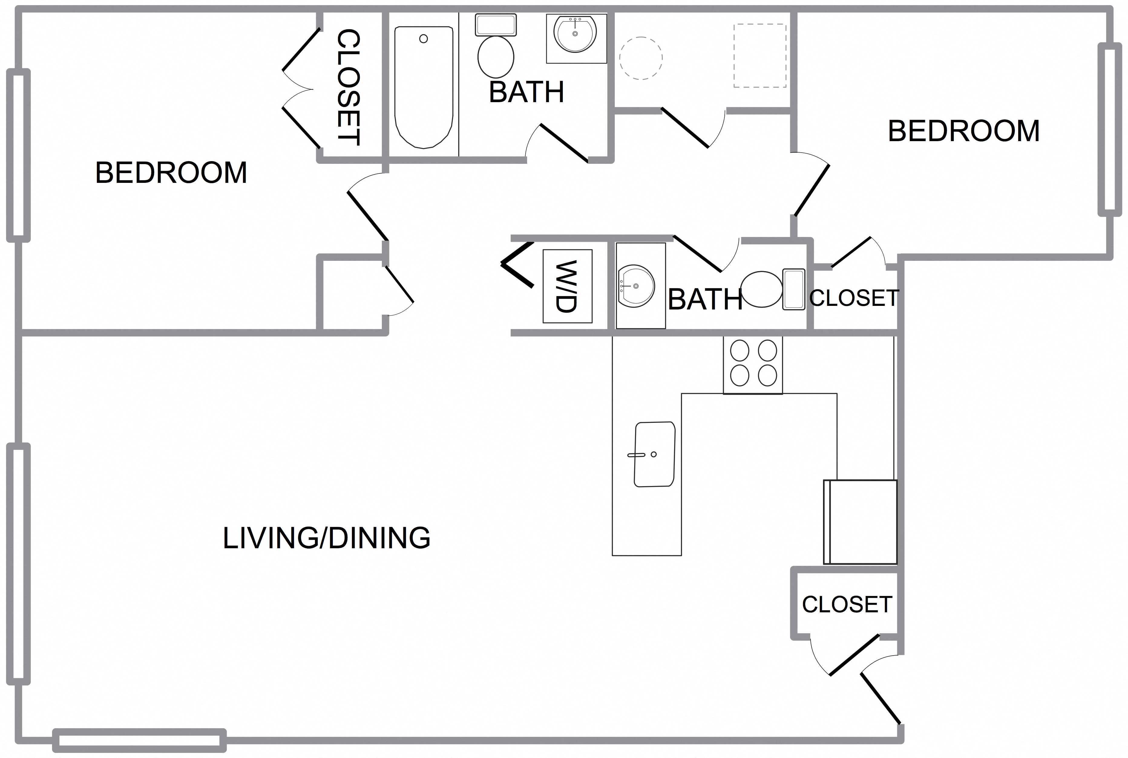 Floor plan for 2 beds, 1 bath, 815 sqft